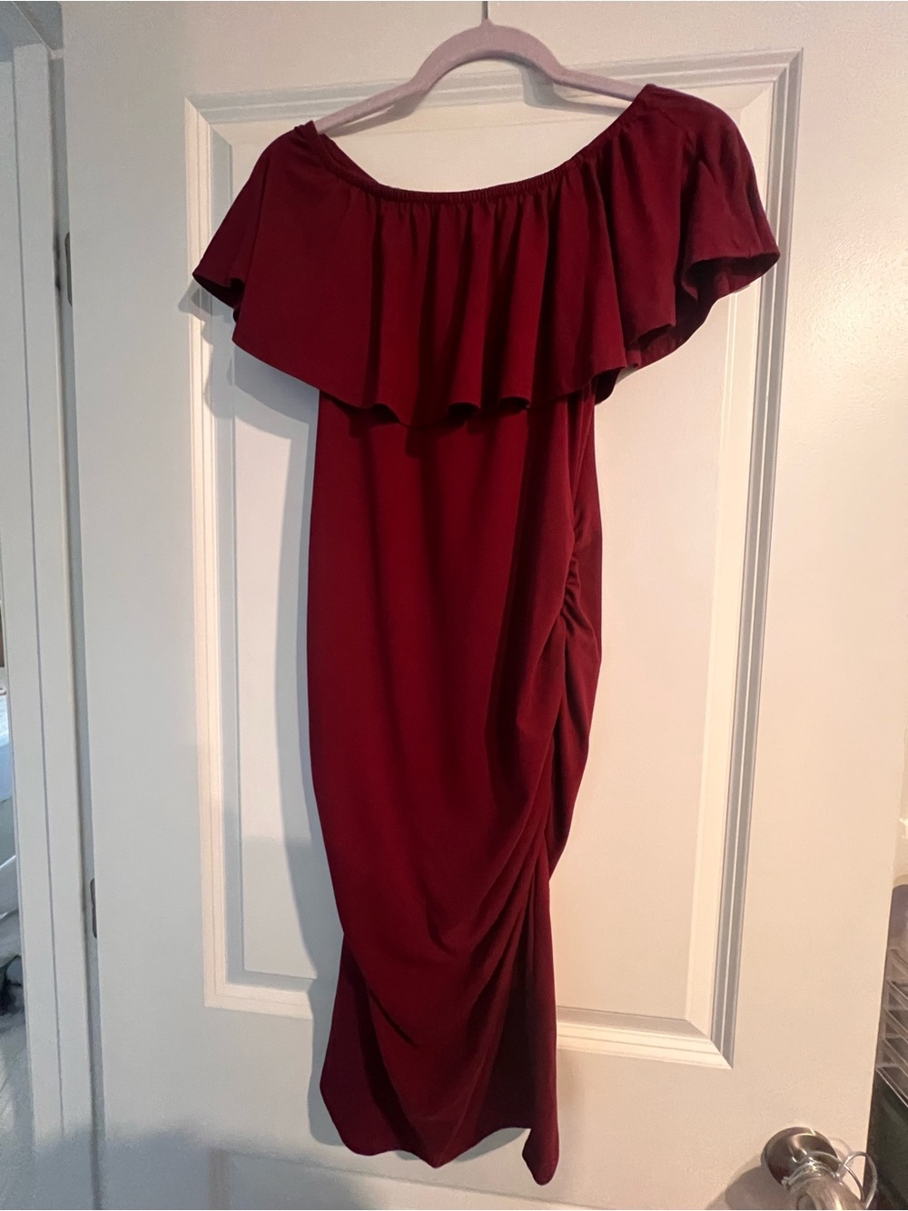 One-Shoulder Ruffle Midi Dress in Wine